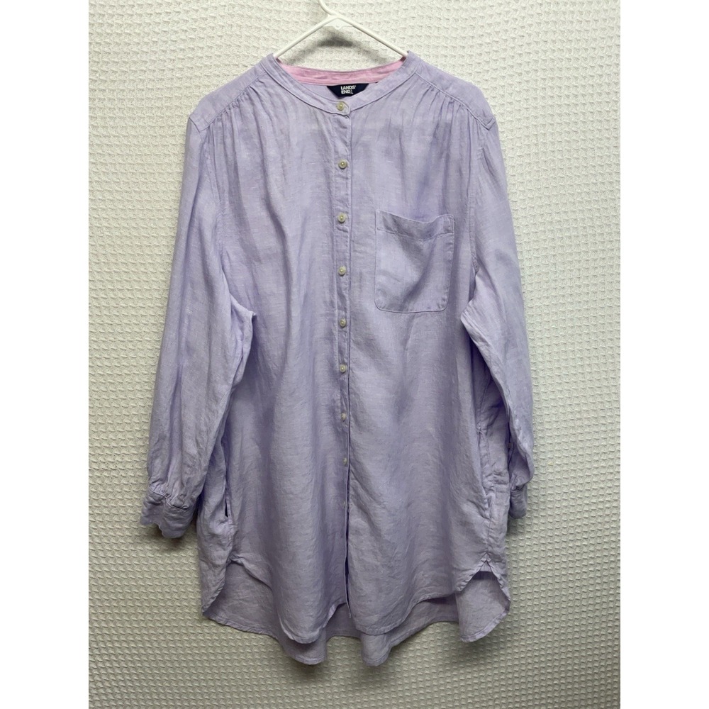 Lands End Women's 2X( 20W-22W) Tunic Shirt Button Down 100% Linen Lavender Linen